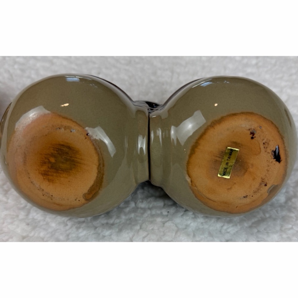 (VTG) Brown/Tan Ceramic Double Condiment Caddy Dish with Spoon - Picture 9 of 15